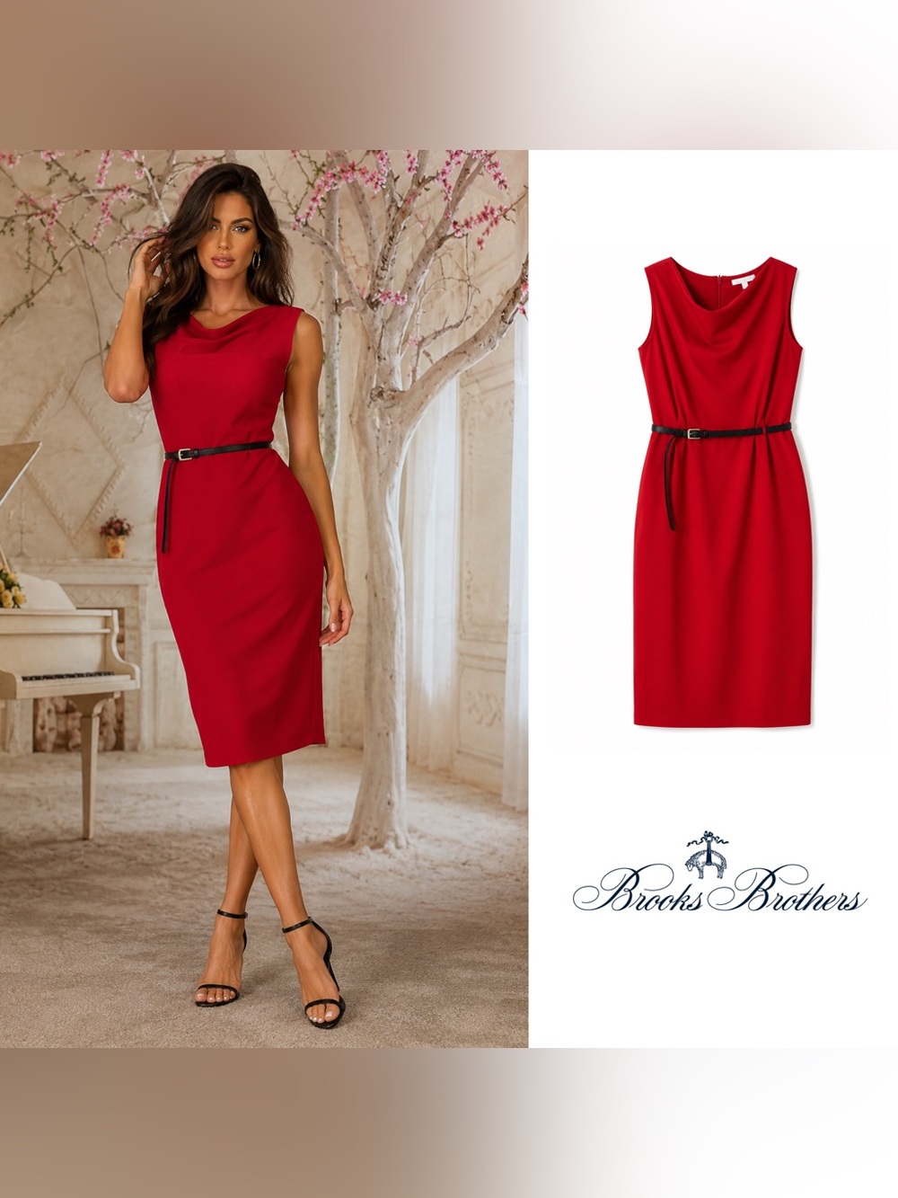 NEW Brooks Brothers Red Sleeveless Sheath Dress with Slim Black Belt